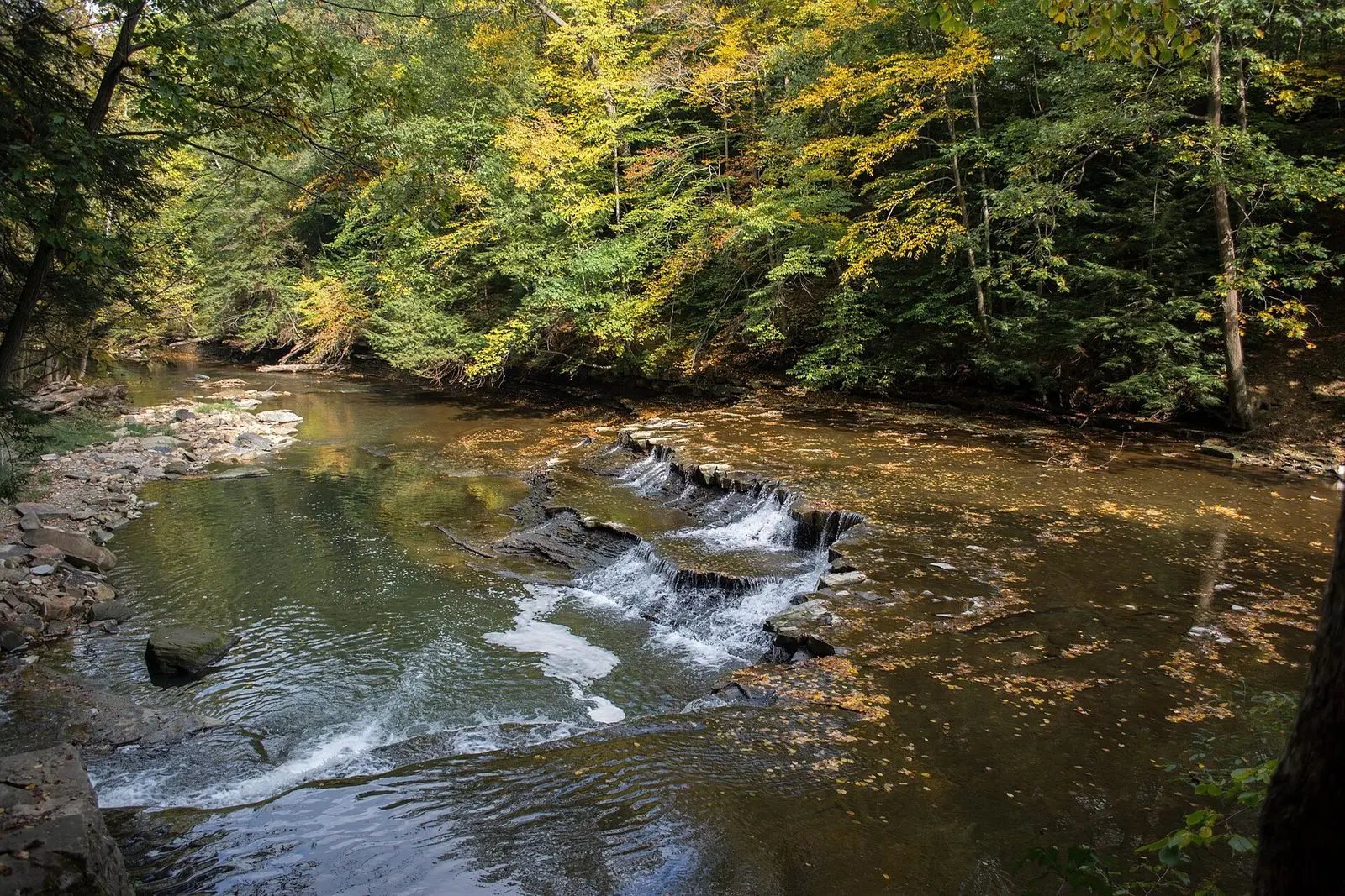 A small waterfall on Chagrin River tributary in the autumn woods of South Chagrin Reservation, beside Bentleyville