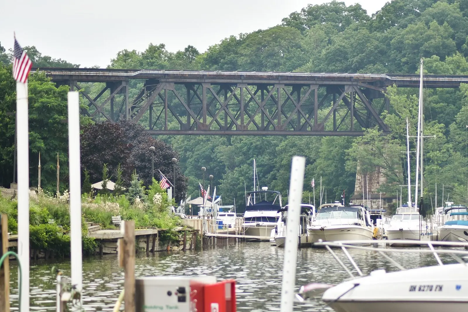 Boats in the marina on the Rocky River below the railroad bridge